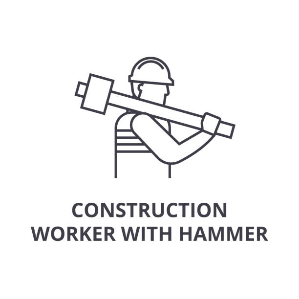 bauarbeiter mit hammer-vektor-linie-symbol, zeichen, illustration auf hintergrund, editierbare striche - manual worker one man only book hammer stock-grafiken, -clipart, -cartoons und -symbole