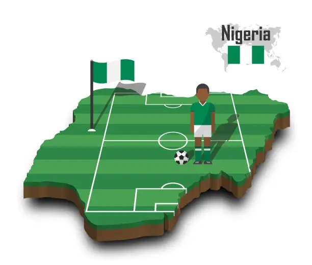 Vector illustration of Nigeria national soccer team . Football player and flag on 3d design country map