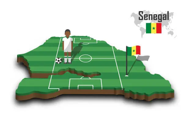 Vector illustration of Senegal national soccer team . Football player and flag on 3d design country map