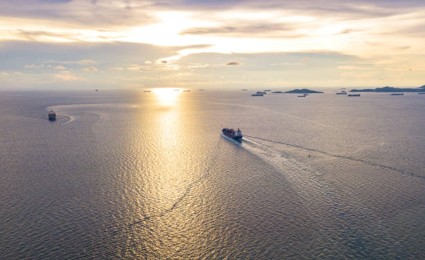 istock Cargo ship in the sea sunset time 955931872