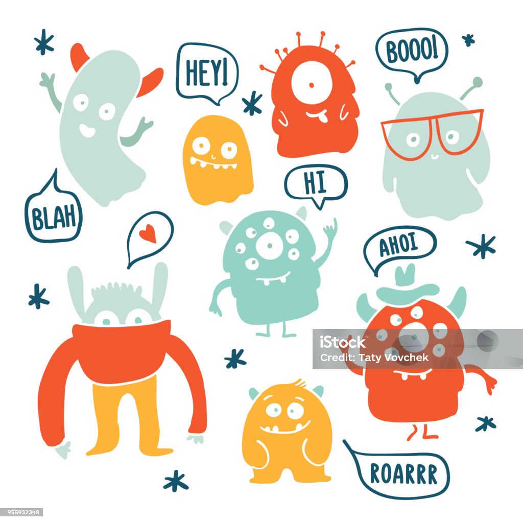Cute monsters and ghosts colorful doodles Set of cute cartoon monsters and ghosts characters doodles colorful vector illustrations Monster - Fictional Character stock vector