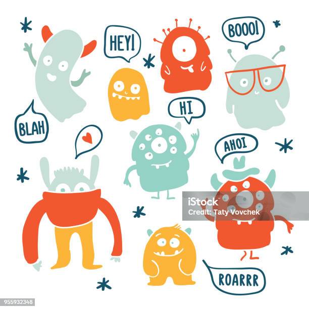 Cute Monsters And Ghosts Colorful Doodles Stock Illustration - Download Image Now - Monster - Fictional Character, Cute, Doodle
