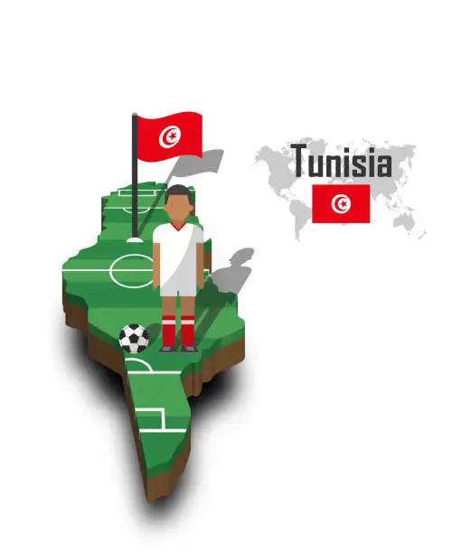 Vector illustration of Tunisia national soccer team . Football player and flag on 3d design country map