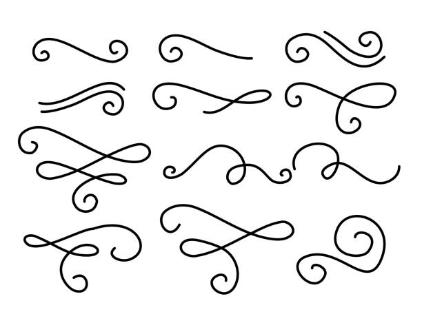 ilustrações de stock, clip art, desenhos animados e ícones de flourishes, swirls, decorative elements vector collection - line art scroll shape design element scroll