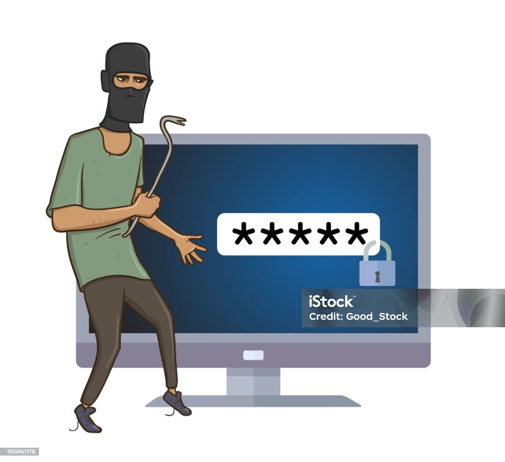 Computer Robber Masked Robber With A Puller Trying To Hack Computer Robber With The Pry ...