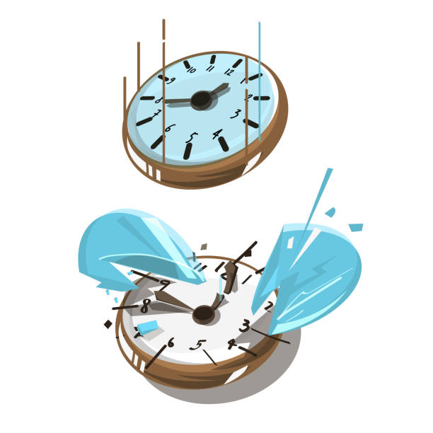 Clock Falling down and Broken. the end concept. smashing times. before and after - vector Clock Falling down and Broken. the end concept. smashing times. before and after - vector illustration smash alarm clock stock illustrations