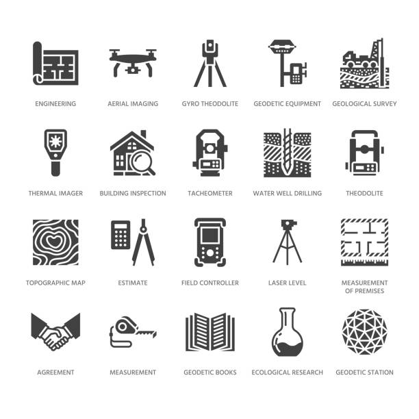 ilustraciones, imágenes clip art, dibujos animados e iconos de stock de iconos de glifo plana de vector ingeniería geodésico. equipo de geodesia, taquímetro, teodolito. investigación geológica, construcción de mediciones. señales de construcción. pixel del macizo de la silueta perfecta de 64 x 64 - geología