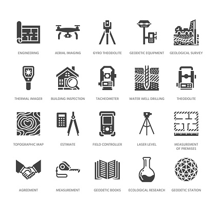 Geodetic survey engineering vector flat glyph icons. Geodesy equipment, tacheometer, theodolite. Geological research, building measurements. Construction signs. Solid silhouette pixel perfect 64x64.
