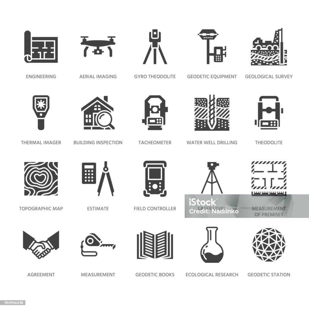 Geodetic survey engineering vector flat glyph icons. Geodesy equipment, tacheometer, theodolite. Geological research, building measurements. Construction signs. Solid silhouette pixel perfect 64x64 Geodetic survey engineering vector flat glyph icons. Geodesy equipment, tacheometer, theodolite. Geological research, building measurements. Construction signs. Solid silhouette pixel perfect 64x64. Icon Symbol stock vector