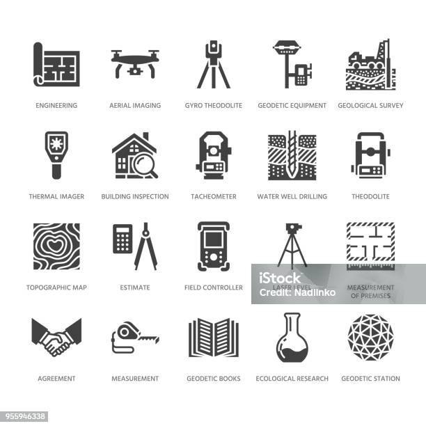 Geodetic Survey Engineering Vector Flat Glyph Icons Geodesy Equipment Tacheometer Theodolite Geological Research Building Measurements Construction Signs Solid Silhouette Pixel Perfect 64x64 Stock Illustration - Download Image Now