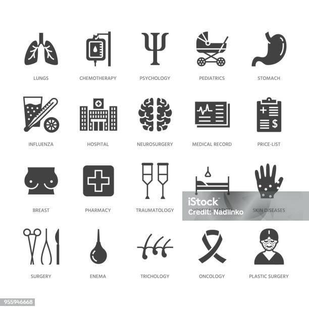 Hospital Medical Flat Glyph Icons Human Organs Stomach Brain Flu Oncology Plastic Surgery Psychology Breast Cancer Health Care Clinic Signs Solid Silhouette Pixel Perfect 64x64 Stock Illustration - Download Image Now