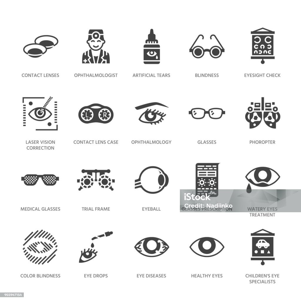 Ophthalmology, eyes health care glyph icons. Optometry equipment, contact lenses, glasses, blindness. Vision correction signs for oculist clinic. Solid silhouette pixel perfect 64x64 Ophthalmology, eyes health care glyph icons. Optometry equipment, contact lenses, glasses, blindness. Vision correction signs for oculist clinic. Solid silhouette pixel perfect 64x64. Icon Symbol stock vector