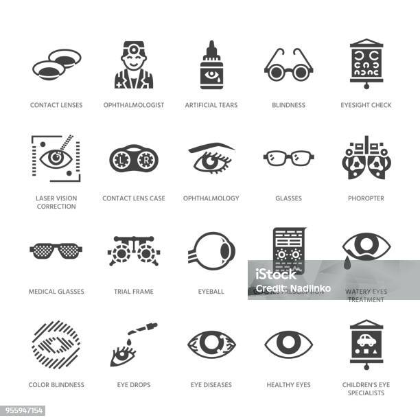 Ophthalmology Eyes Health Care Glyph Icons Optometry Equipment Contact Lenses Glasses Blindness Vision Correction Signs For Oculist Clinic Solid Silhouette Pixel Perfect 64x64 Stock Illustration - Download Image Now