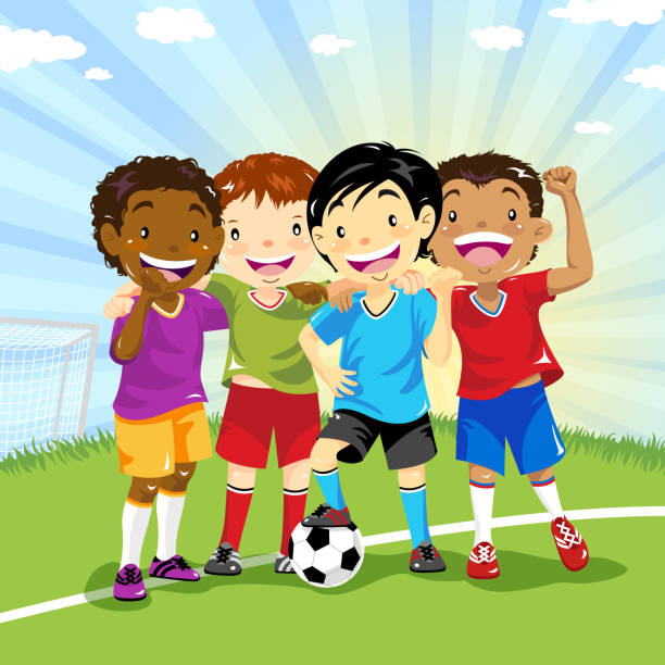 multi-ethnischen gruppe von fußball-jungen - jugendfußball stock-grafiken, -clipart, -cartoons und -symbole