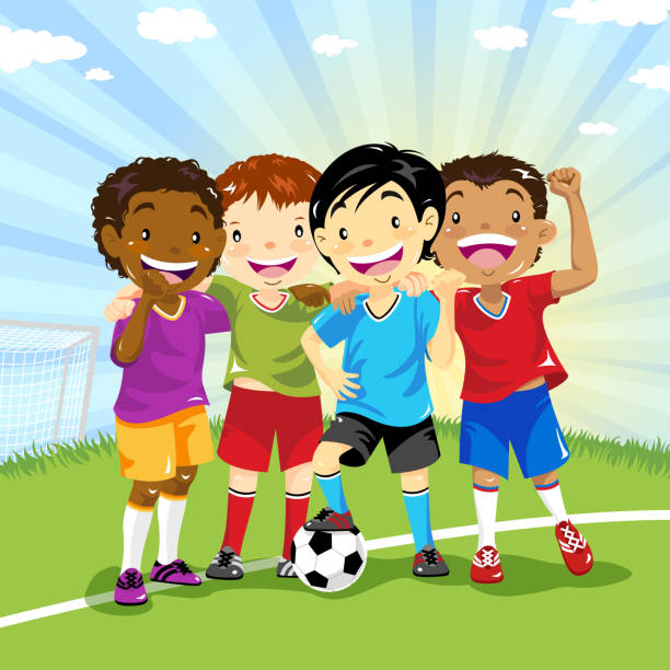многоэтническая группа футбольных мальчиков - playing field kids soccer goalie soccer player stock illustrations