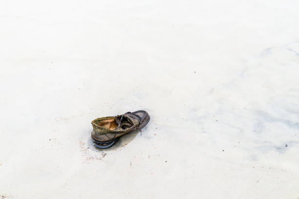 Used and abandoned loafer or shoe in very shallow water on a sandy beach.