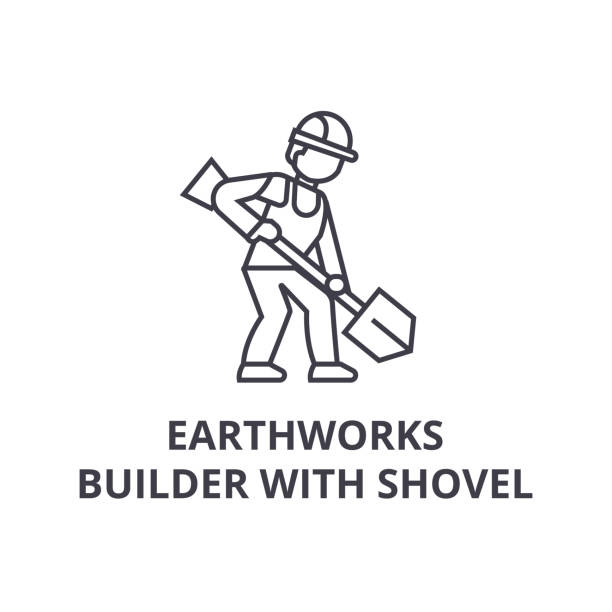 ilustrações, clipart, desenhos animados e ícones de terraplenagem, builder com o ícone de linha showel vector, sinal, ilustração em fundo, traços editáveis - earth mover bulldozer construction scoop