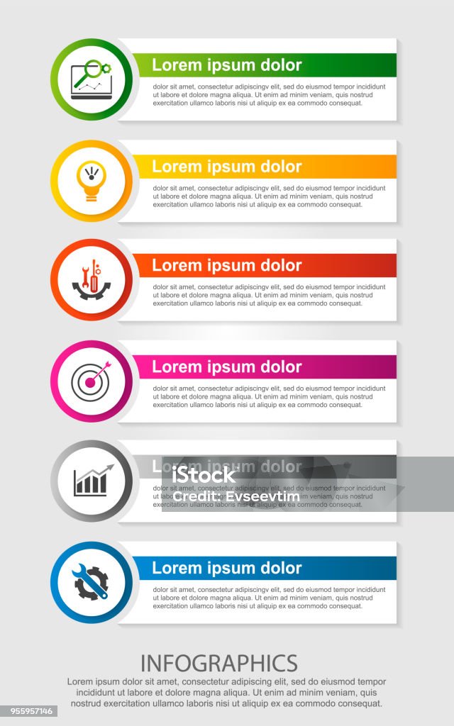 Modern vector illustration. Infographic template with six elements, circles and text. Step by step. Designed for business, presentations, web design, diagrams with 6 steps Modern vector illustration. Infographic template with six elements, circles and text. Step by step. Designed for business, presentations, web design, diagrams with 6 steps. Infographic stock vector