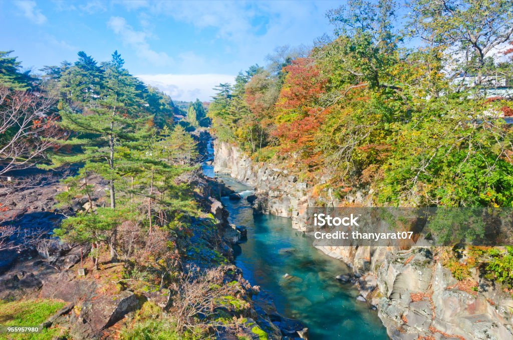 Genbikei Gorge in Japan. Genbikei is a ravine or river gorge that has been designated a Place of Scenic Beauty and Natural Monument in Ichinoseki, Iwate Prefecture, Japan. Iwate Prefecture Stock Photo