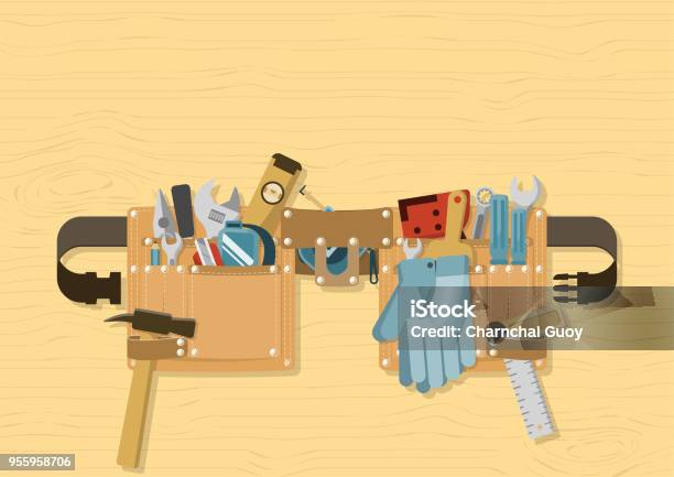 Tool Belt On Wood Background Stock Illustration - Download Image Now - Craftsperson, Work Tool, Backgrounds