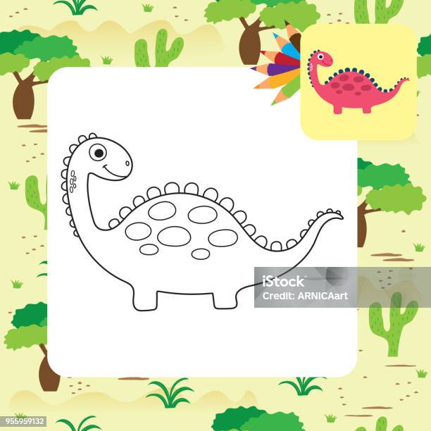 Cute Cartoon Dino Coloring Page Stock Illustration - Download Image Now - Animal, Animal Wildlife, Art