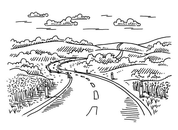 Rural Landscape Road Drawing Hand-drawn vector drawing of a Rural Landscape with an empty Road. Black-and-White sketch on a transparent background (.eps-file). Included files are EPS (v10) and Hi-Res JPG. journey drawings stock illustrations