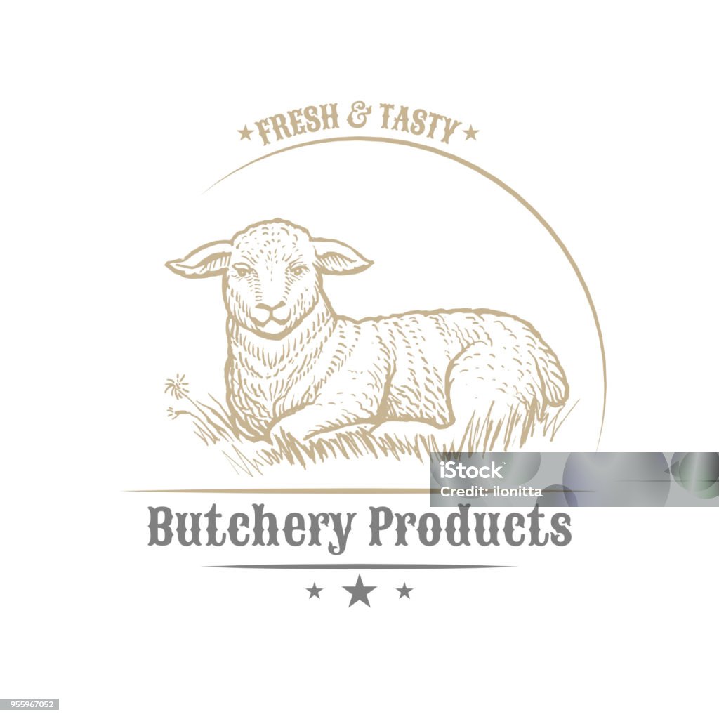 Isolated vintage gold emblem for farm with Lamb animal Isolated vintage golden and royal emblem of farm animal. Fresh and tasty lamb meat. Butchery products market. Hand made illustration and lettering. Concept template for branding Advertisement stock vector