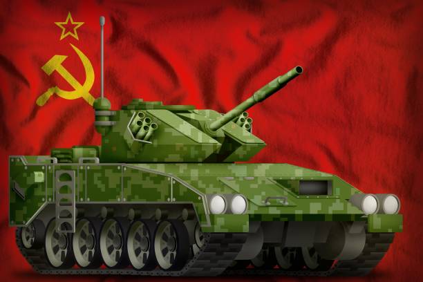 istock light tank apc with pixel summer camouflage on the Soviet Union (SSSR, USSR) national flag background. 9 May, Victory day concept. 3d Illustration 955968258