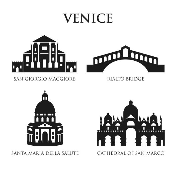 이탈리아 기호, 흑인과 백인 랜드마크의 집합입니다. 벡터 일러스트입니다. 베니스, 이탈리아입니다. - san marco quarter stock illustrations