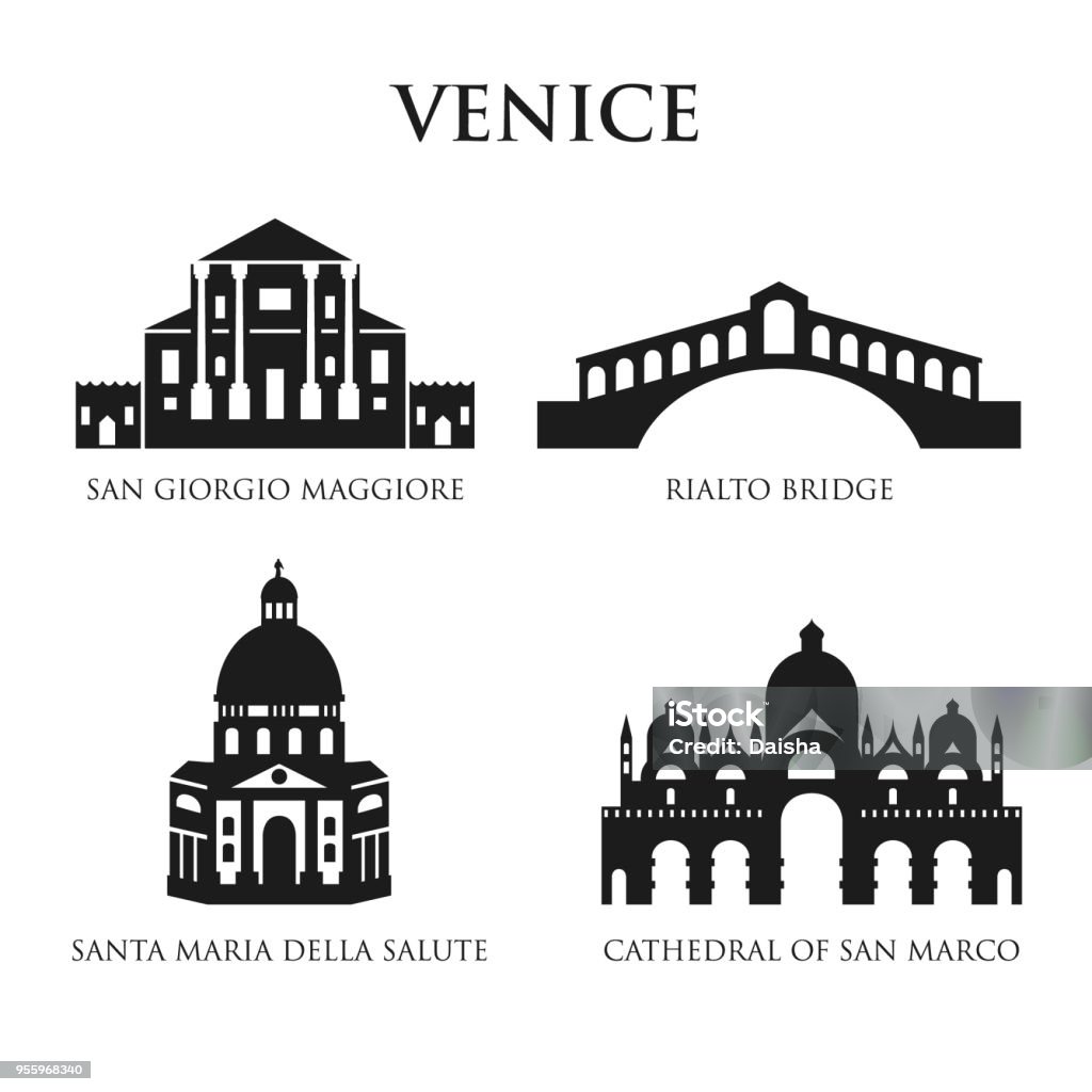 Set of Italy symbols, landmarks in black and white. Vector illustration. Venice, Italy. Set of Italy symbols, landmarks in black and white. Vector illustration. Venice, Italy. Santa Maria della Salute. Rialto Bridge, Cathedral of San Marco, San Giorgio Maggiore. Set for you design Venice - Italy stock vector