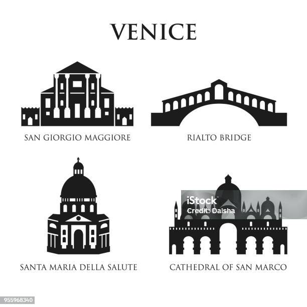 Set Of Italy Symbols Landmarks In Black And White Vector Illustration Venice Italy Stock Illustration - Download Image Now