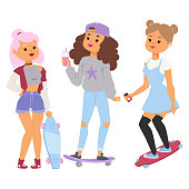 Skateboard characters vector stylish skating kids illustration skate cartoon male activity extreme skateboarding icon. Extreme activity speed child doodle skateboard characters people.