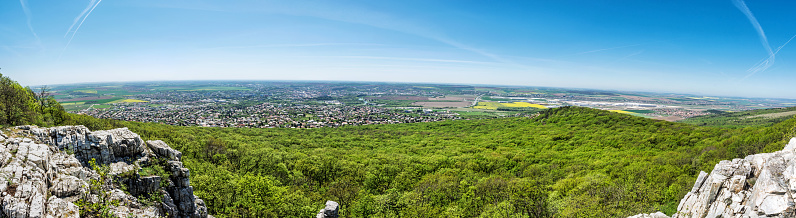 Panoramic view of the Nitra city from Zobor hill, Slovak republic. Spring time scene. Tourism theme.