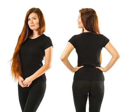 Photo of a young beautiful redhead woman with blank black shirt, front and back. Ready for your design or artwork.
