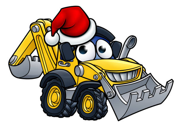 illustrazioni stock, clip art, cartoni animati e icone di tendenza di personaggio bulldozer della scavatrice di natale dei cartoni animati - earth mover bulldozer construction scoop