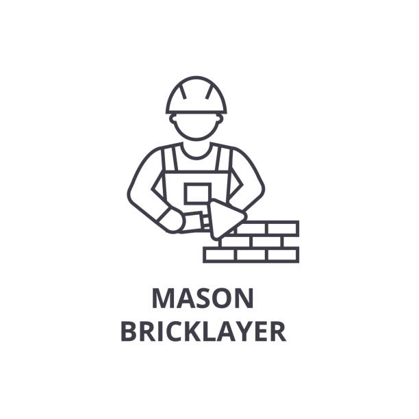 ilustrações, clipart, desenhos animados e ícones de ícone de linha pedreiro pedreiro vector, sinal, ilustração em fundo, traços editáveis - mason brick bricklayer installing