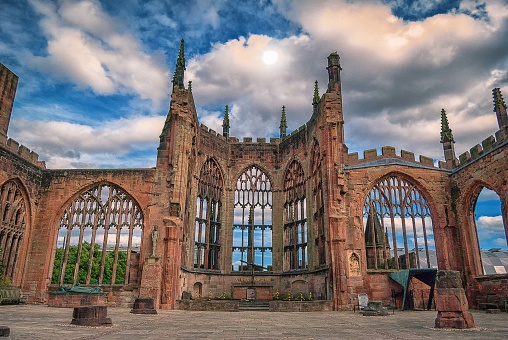 The ruins of Coventry Cathedral that was destroyed during bombing raids on the city in 1940.