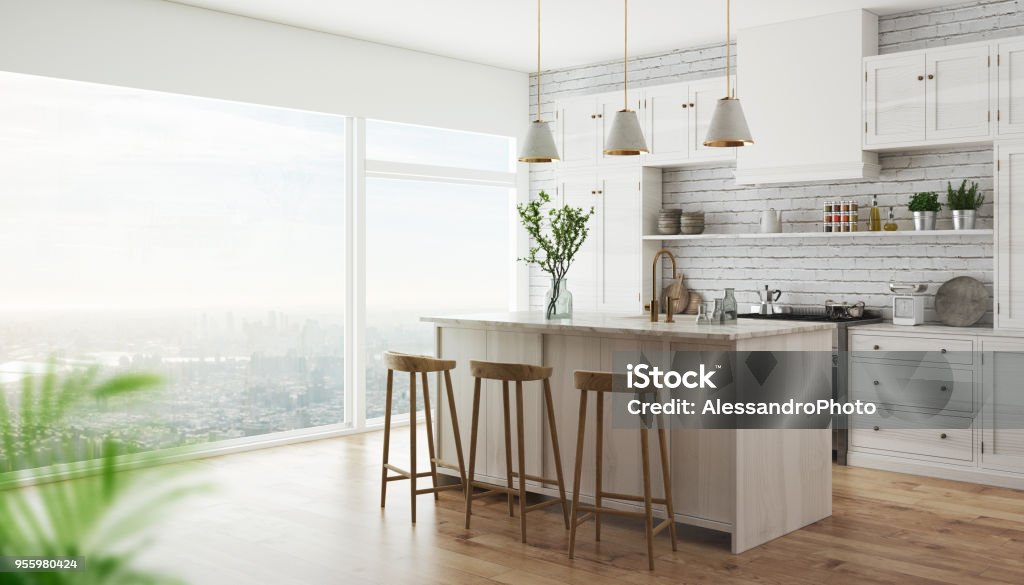 3d realistic modern kitchen Realistic illustration 3d render of a kitchen Kitchen Stock Photo