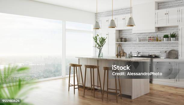 3d Realistic Modern Kitchen Stock Photo - Download Image Now - Kitchen, Apartment, Indoors