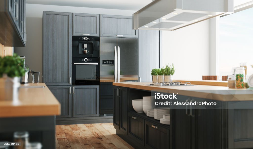 3d realistic modern country kitchen Realistic illustration 3d render of a kitchen Kitchen Stock Photo