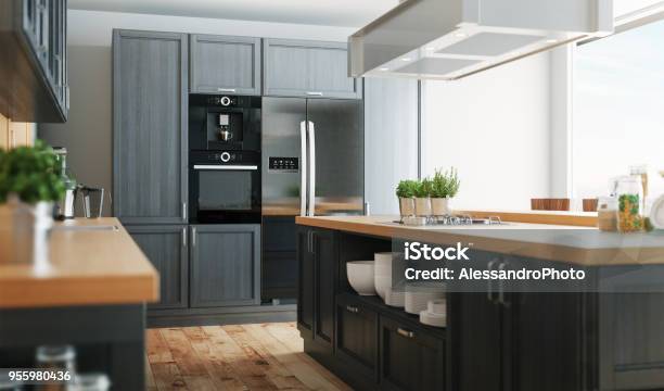 3d Realistic Modern Country Kitchen Stock Photo - Download Image Now - Kitchen, Modern, Furniture
