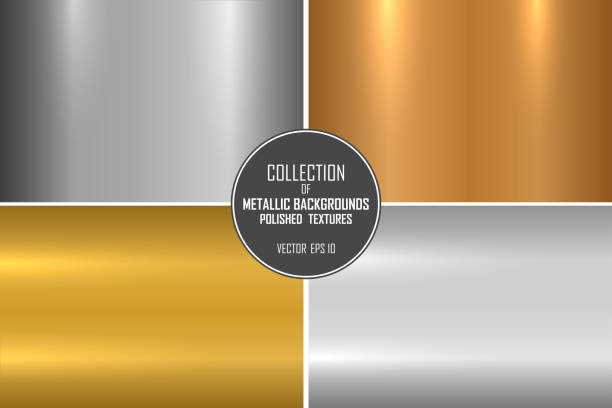 illustrazioni stock, clip art, cartoni animati e icone di tendenza di collezione di texture metalliche realistiche. sfondi in metallo lucido lucido per il tuo design - chrome metal backgrounds brushed