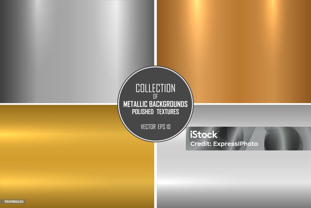 Collection of realistic metallic textures. Shiny polished metal backgrounds for your design Collection of realistic metallic textures. Shiny polished metal backgrounds for your design. Gold - Metal stock vector