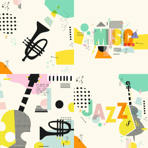 zestaw kart muzycznych i banerów - jazz trumpet nightclub entertainment club stock illustrations