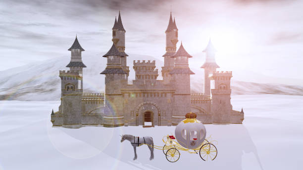 3D rendering of a fairy tale fantasy winter castle with a unicorn dream carriage waiting outside.