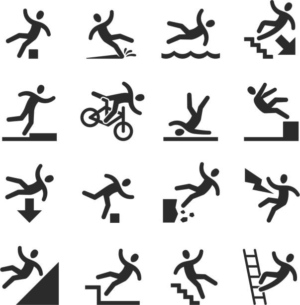 ilustrações, clipart, desenhos animados e ícones de stick figura homem caindo cuidado, símbolos de advertência de perigo. lesão da pessoa no trabalho vetor sinais isolados - falling accident danger slippery