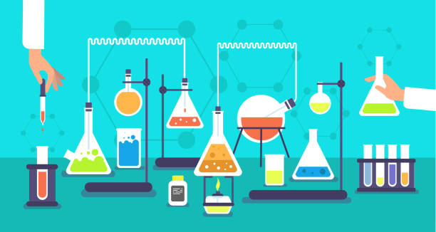 Chemical equipment in chemistry analysis laboratory. Science school research lab experiment vector background. Analysis experiment, lab research chemistry illustration