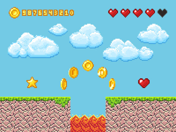 ilustrações de stock, clip art, desenhos animados e ícones de video pixel game landscape with gold coins, white clouds and red hearts vector illustration - gaming background