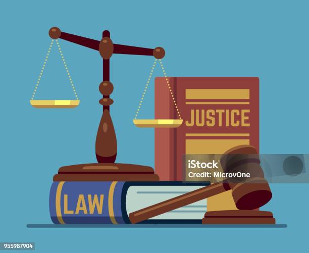 Justice Scales And Wood Judge Gavel Wooden Hammer With Law Code Books Legal And Legislation Authority Vector Concept Stock Illustration - Download Image Now