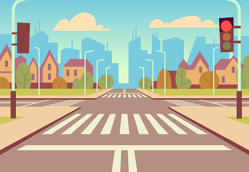 Cartoon city crossroads with traffic lights, sidewalk, crosswalk and urban landscape. Empty roads for car traffic vector illustration. Urban road city with crosswalk and sidewalk